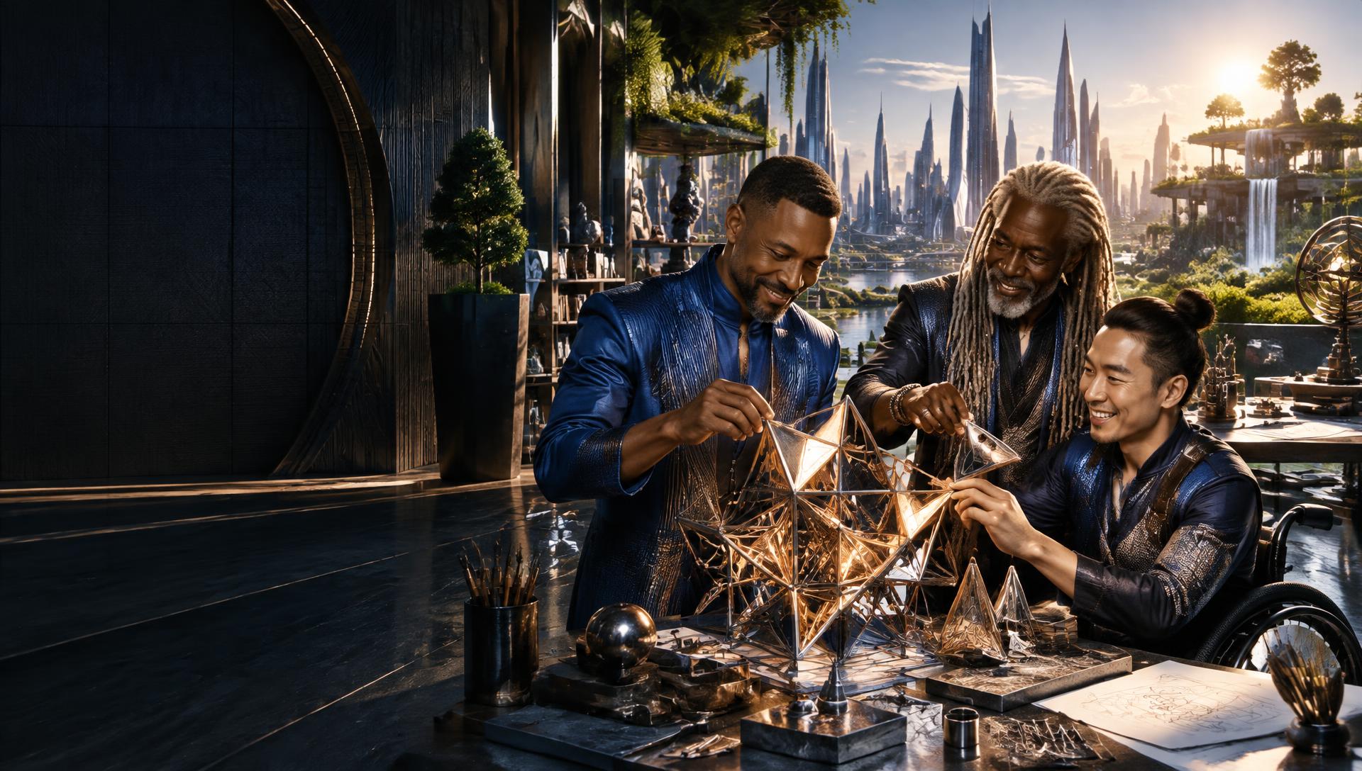 Men building a sculptural future together in an Afrofuturist workshop